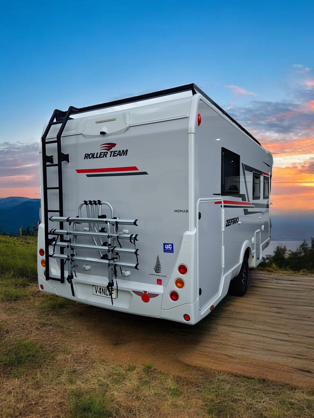 A Roller Team motorhome with a Vantage RV roof rack and rear ladder fitted