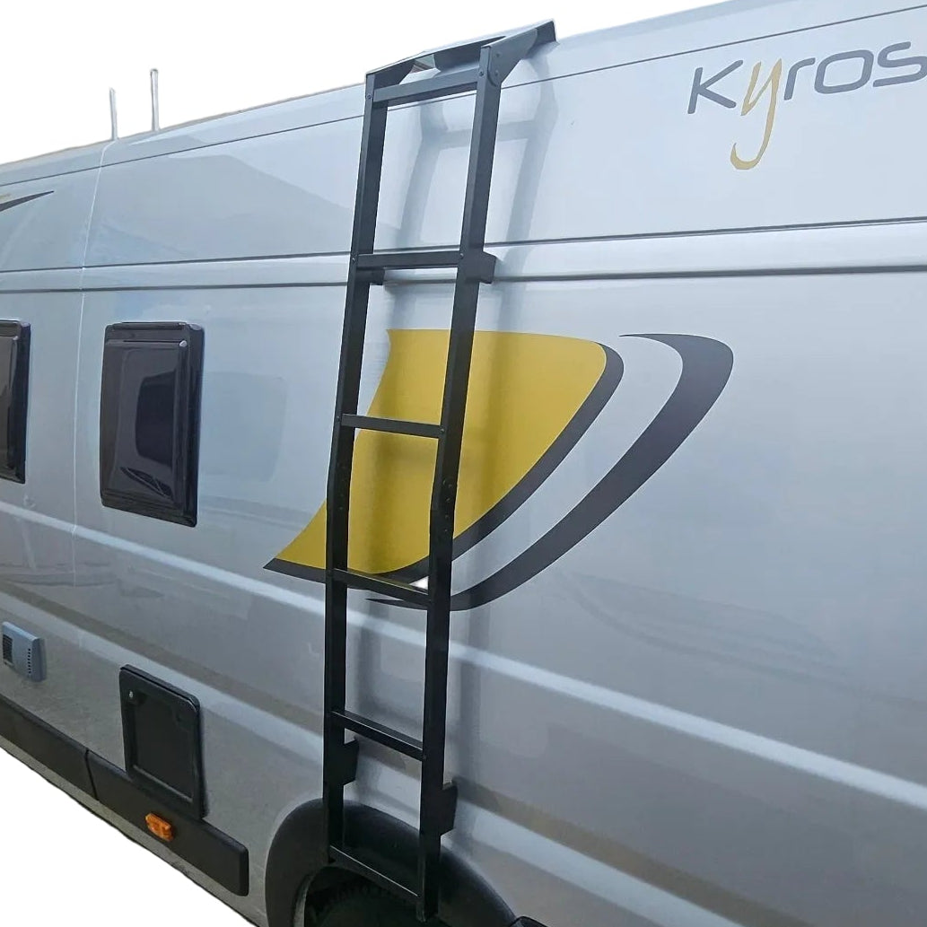 Black ladder attached to a Renault panel van.
