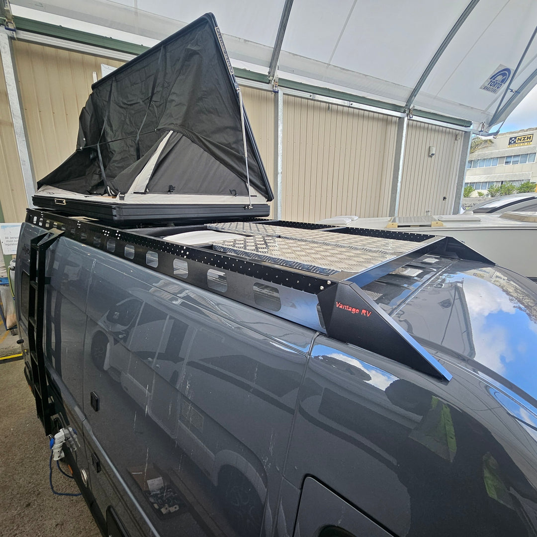 Long roof rack with awning brackets and 4mtr awning for Mercedes Sprinter or VW Crafter